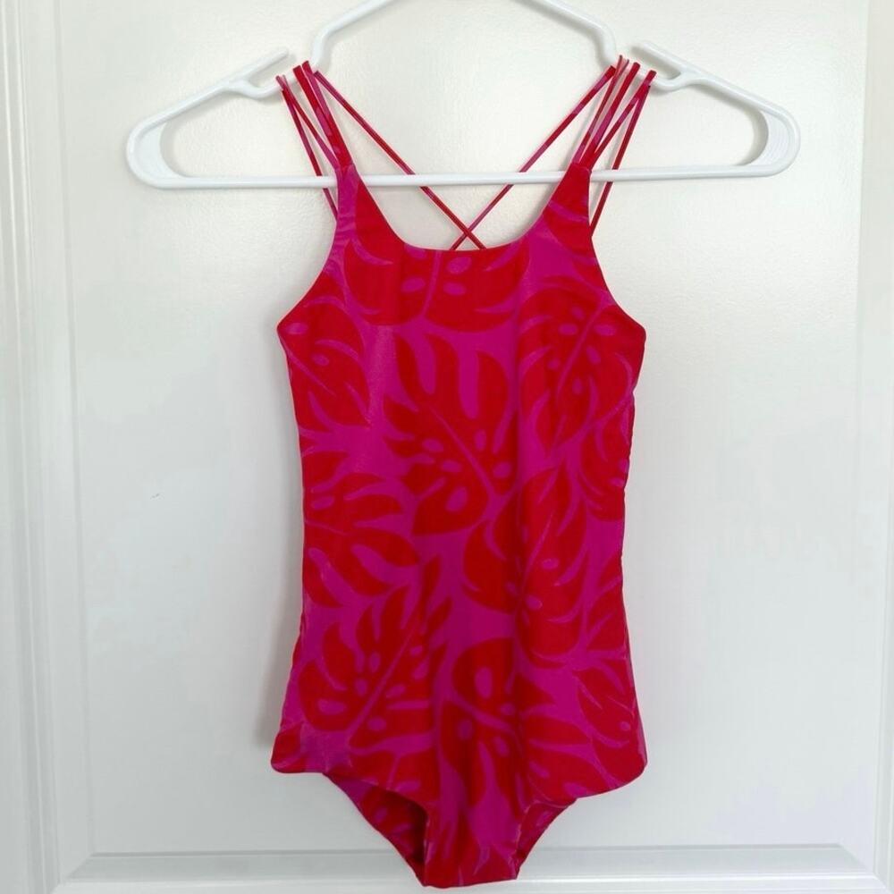MIKOH Palm Leaf Print Strappy One Piece Red Pink XL